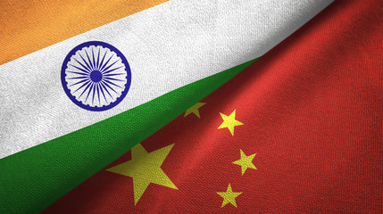 India and China two flags textile cloth, fabric texture