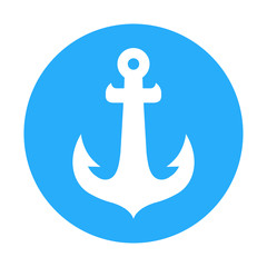 Vector icon sign with anchor of ship. Round Blue color illustration isolated on white. Flat emblem for decoration of tours, design of stickers, labels and element of logotype.