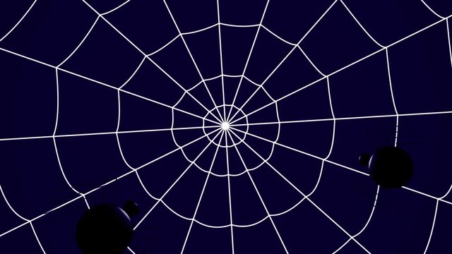 concentric cobwebs on a blue background, two spiders crawling towards the center