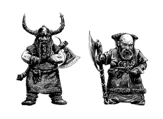 Fototapeta premium Dwarves warriors drawing. Digital fantasy illustration. Dwarf with ax.