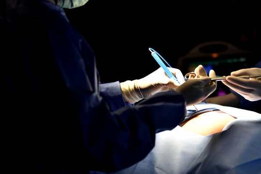 Operating Room.scrub nurse preparing medical instruments for operation.Medical Team Performing Surgical Operation in Modern Operating Room.Equipment and medical devices.Team surgeon in operation room.