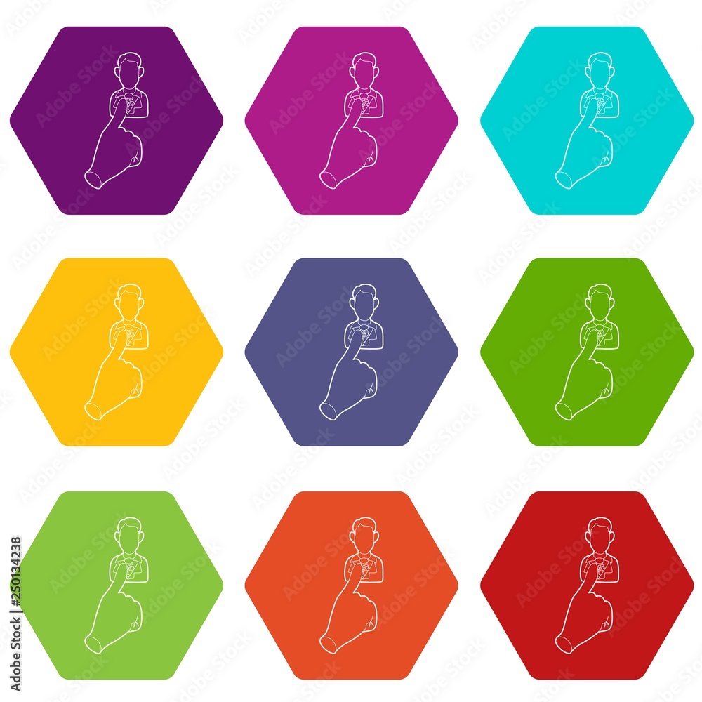 Aufkleber hand cursor pointing to a person icons 9 set coloful isolated on white for web