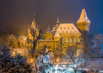 Fototapeta premium Budapest, Hungary - Christmas market in snowy City Park (Varosliget) from above at night with snowy trees and Vajdahunyad castle
