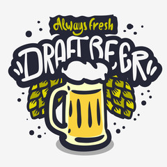 Draft Beer Hand Drawn Vector Design On A White Background With A Mug Of Beer And Beer Hops