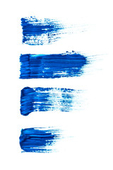 Abstraction for background, drawing three lines of blue paint on a white isolated background
