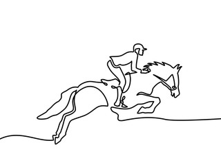 Continuous one line drawing. Horse and rider on horseback logo. Black and white vector illustration. - Vector