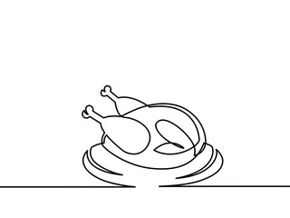 Continuous one line drawing. chicken on a plate. restaurant logo. Black and white vector illustration. - Vector