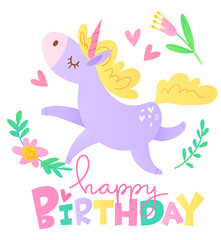 Vector happy birthday cards with cartoon unicorn character