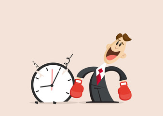 Happy Businessman with boxing gloves stands next to broken clock