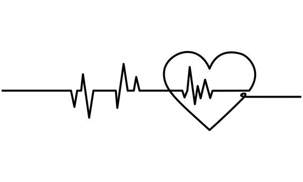 Continuous line drawing of heart with heartbeat on Black and white background. Vector