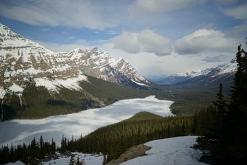 Peyto Lake covered in snow in Banff, Canada