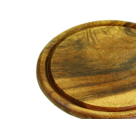 Empty round wooden kitchen board isolated on white background. Multifunctional circular wooden cutting board for cutting bread, pizza or steak serve.