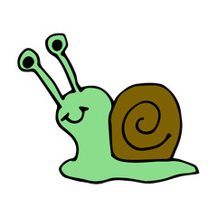 Cartoon doodle linear happy snail isolated on white background. Vector illustration.