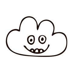 Cartoon doodle linear happy cloud isolated on white background. Vector illustration. 
