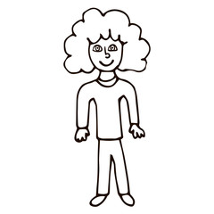 Cartoon doodle curly girl isolated on white background. Vector illustration.   