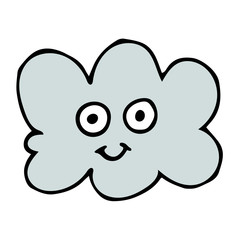 Cartoon doodle linear happy cloud isolated on white background. Vector illustration.  