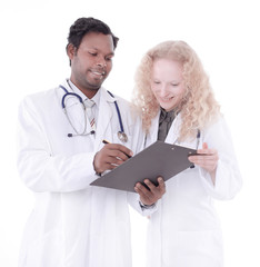 two doctors discussing a patient's diagnosis. isolated on white background