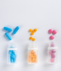 Assorted pharmaceutical medicine pills, tablets and capsules.Pills background.