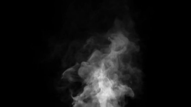 White steam spins and rises from the pan. White smoke rises from a large pot, which is located behind the frame. Isolated black background.