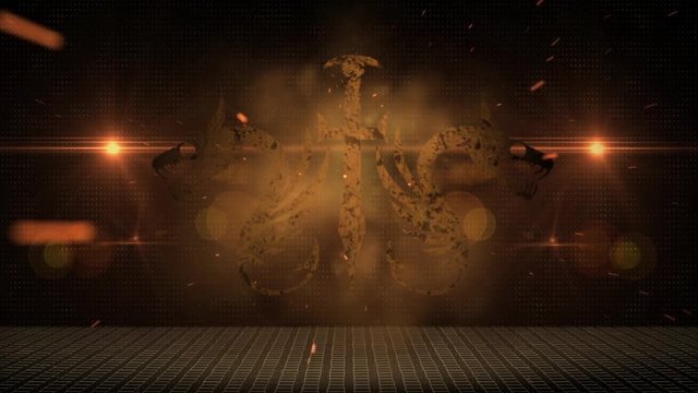 A metal coat of arms with a sword and two dragons appears from the smoke and sparks, and then again disappears.