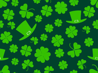 Seamless pattern with hat and clover leaves. St. Patrick's Day background with shamrock. Vector illustration