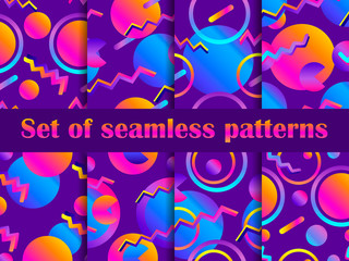Futurism seamless pattern set. Liquid shape in the style of 80s. Synthwave retro background. Retrowave. Geometric objects with gradient. Vector illustration