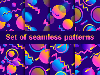 Futurism seamless pattern set. Liquid shape in the style of 80s. Synthwave retro background. Retrowave. Geometric objects with gradient. Vector illustration