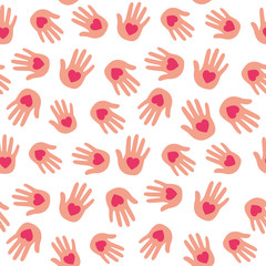 Hands with hearts. Seamless pattern. Vector background.