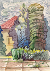  Image of city park. Execution of the same landscape in different techniques and styles of painting. Etude (sketch) performed in the open air. Landscape made in watercolor.
