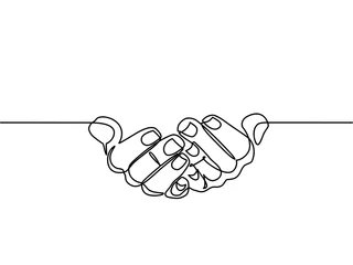 Fotobehang ononderbroken lijntekening van gebedshand. Handen handpalmen tegen elkaar. Vector illustraties. - Vector © Gondex