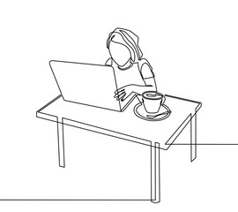 continuous line drawing of women sitting and watching laptop computer. women work at the computer. Vector illustration