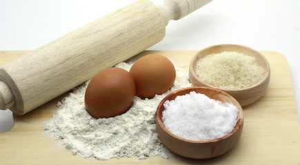 Fototapeta na wymiar flour, eggs, salt, sugar photoshoot