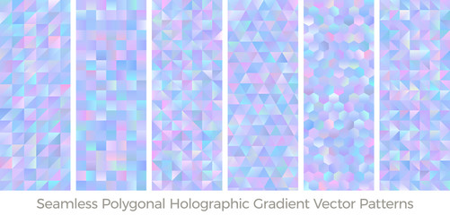 Seamless Holographic Gradient Polygonal Vector Patterns. Iridescent Sparkling Low Poly Backgrounds. Blue, Pink, Aqua & Purple Glittering Faceted Textures. Repeating Pattern Tile Swatches Included.