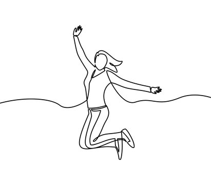 recommend clip art: Continuous line drawing of woman happy jumping in air. Vector
