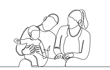 Continuous line drawing of happy family father, mother and one child playing. vector