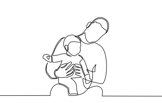 continuous line drawing of family, parenthood and people concept - happy father playing with little baby at home - vector