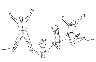 continuous line drawings of happy young families jumping for fun - Vector
