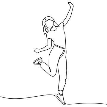 recommend clip art: Continuous line drawing of woman happy jumping in air. Vector