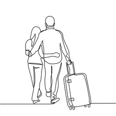 continuous line drawing of male and female pairs with suitcases on the trip. - Vector