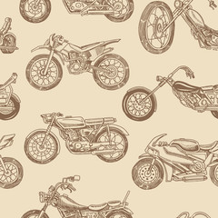 Vintage motorcycles Seamless Pattern. Bicycle Background. Extreme Biker Transport. Retro Old Style. Hand drawn Engraved Monochrome Sketch.