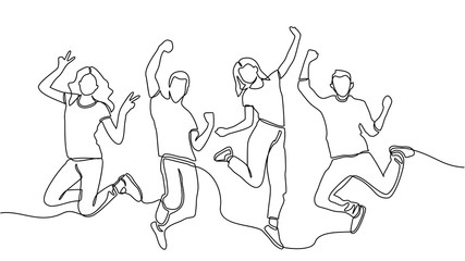 continuous line drawing of jumping happy team members. happiness, freedom, motion and people concept. smiling young friends. jumping in air. vector © Gondex