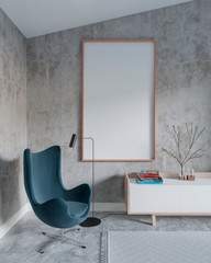 Poster mock up with wooden frame in home interior burnt cement background, minimal style living room, 3D photorealistic render