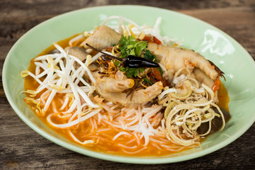 Noodle and spicy pork sauce or Nam Ngew with chicken foot,  Thai northern food  Chiangmai Thailand