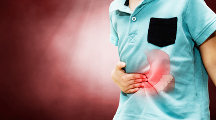 Abdominal pain and stomach problems in children. The concept of medicine and health. Little boy on...