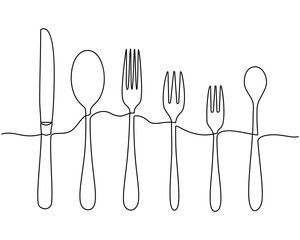 Continuous one line drawing. Fork, spoons, knife plates and all eating and cooking utensils, can be used for restaurant logos, cakes, business cards, banners and others. Black and white vector illustr