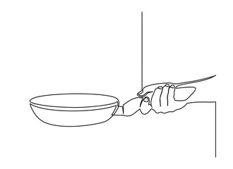 continuous line drawing of Side view of chef hand holding a frying pan preparing food. Cooking action concept. one line vector - Vector