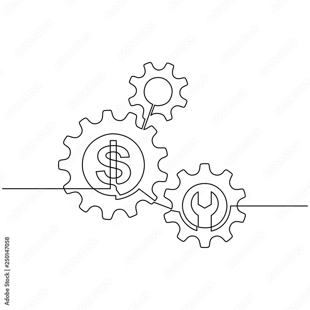 Wall mural Continuous line drawing of dollar and gears wheel. Dollar and gears are drawn by a single line on a white background. Vector - Wall murals