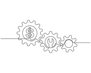 Continuous line drawing of dollar and gears wheel. Dollar and gears are drawn by a single line on a white background. Vector