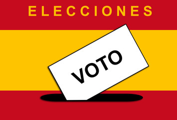 General elections in Spain. Illustration with background of the Spanish flag. Voting action icon. Red and yellow. Text in Spanish.