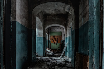 Dark and creepy corridor of old abandoned hospital